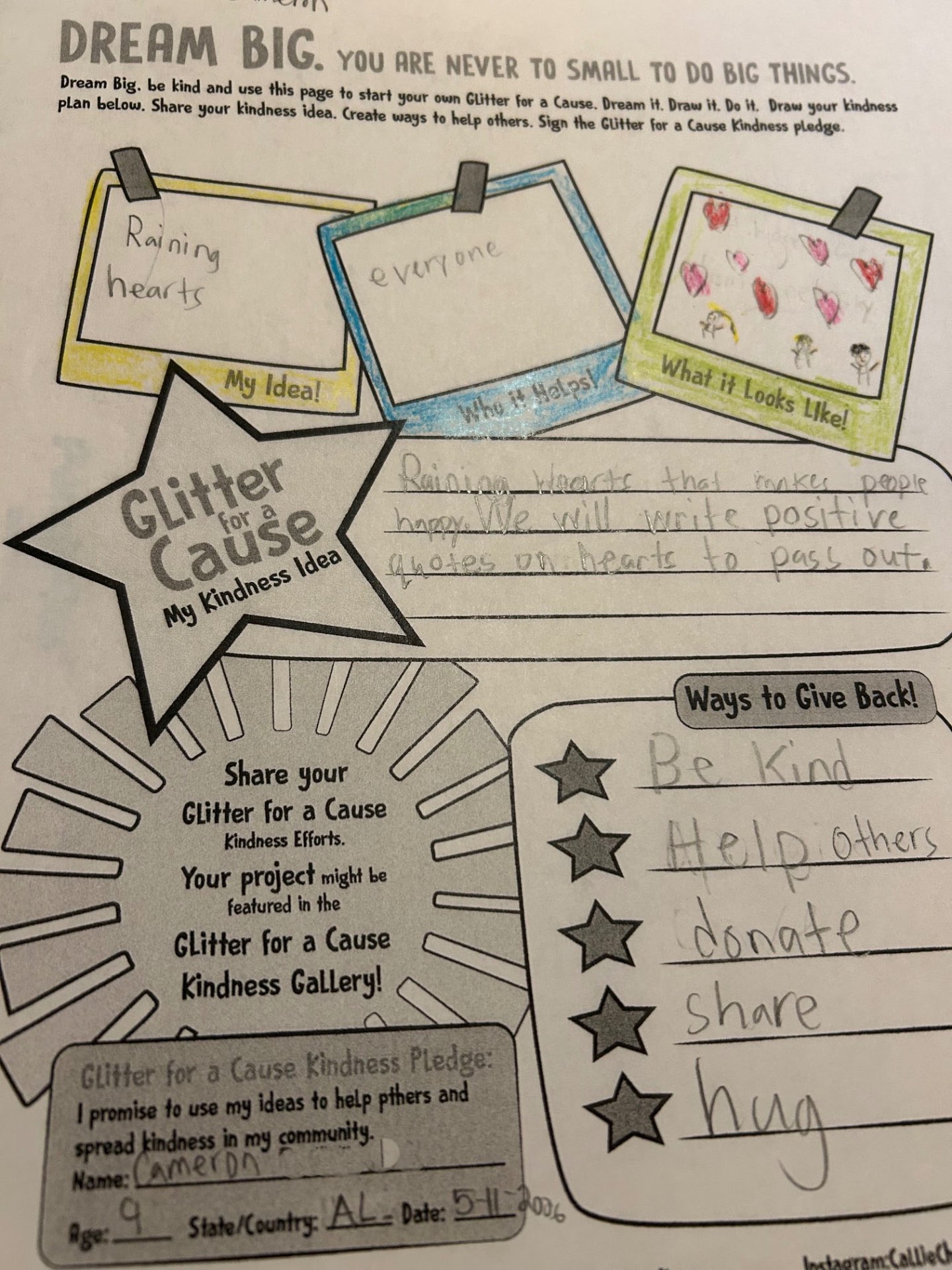 Completed Glitter for a Cause kindness plan by Cameron, age 9 · AL