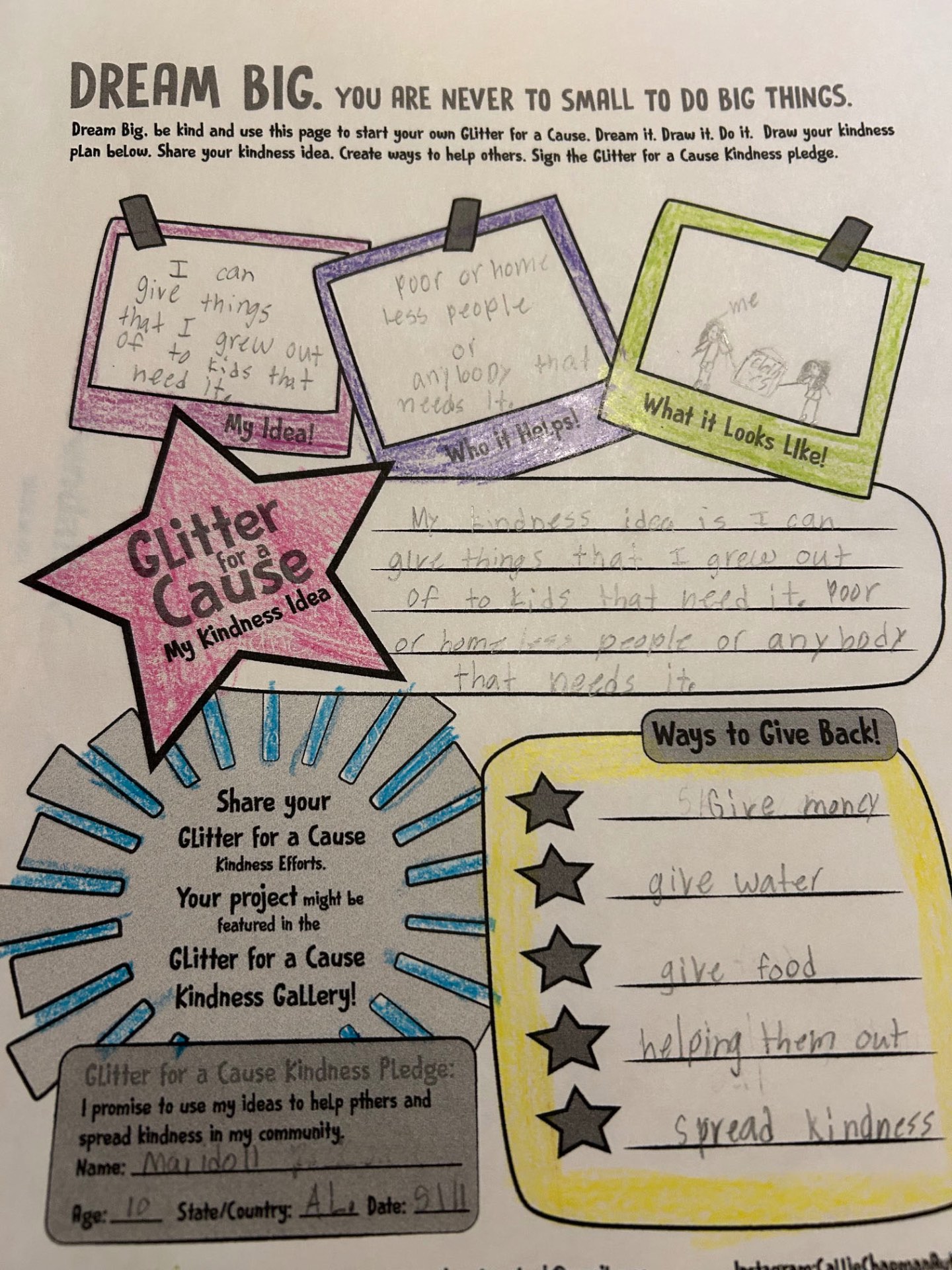 Completed Glitter for a Cause kindness plan by Maridoll, age 10 · AL