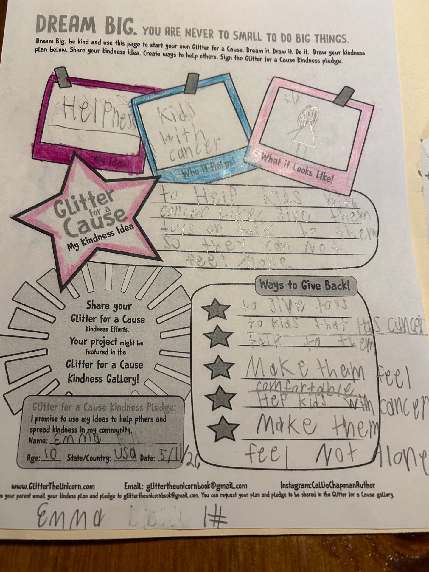Completed Glitter for a Cause kindness plan by Emma, age 10